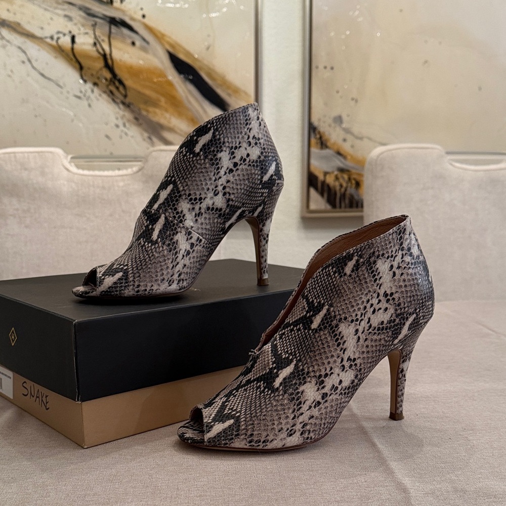 Halogen Black & White Snake-Print Peep-Toe Stiletto Booties